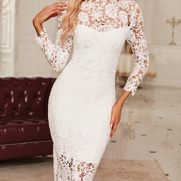 White Preppy Womens Guipure Lace Overlay Bodycon Dress - Picture 2 of 5